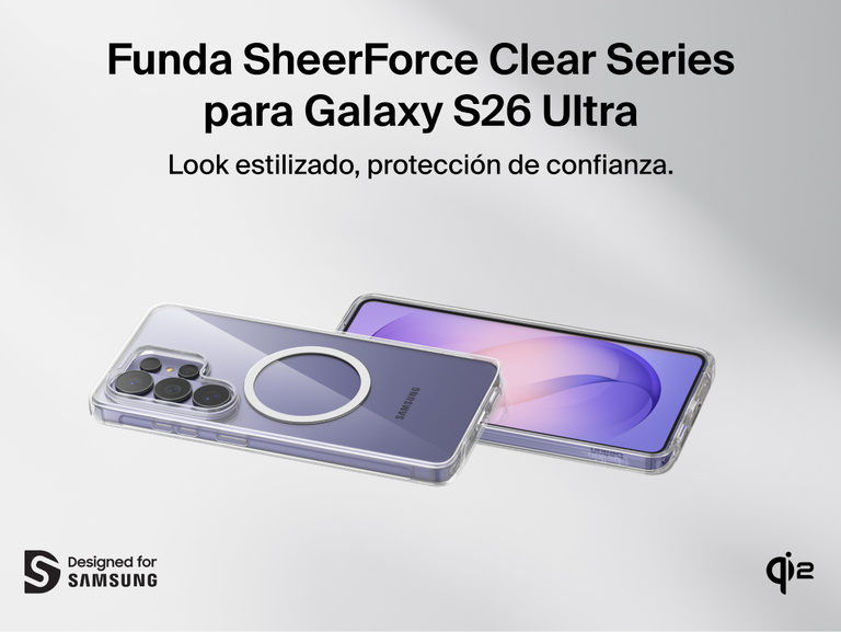 Belkin SheerForce Clear Series Case for Samsung Galaxy S26 shown on phone, featuring a slim, protective clear design with raised edges, precise cutouts, and Qi2 wireless charging compatibility.