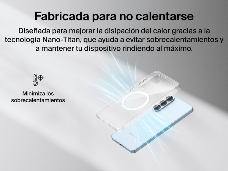 Belkin SheerForce Clear Series Case for Samsung Galaxy S26 shown with Nano-Titan technology supporting heat dissipation to minimize overheating while maintaining a slim, lightweight protective design.