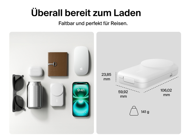 Das kompakte Format mit idealen Abmessungen und leichtem Gewicht von 162 g zum bequemen Laden unterwegs der Belkin UltraCharge faltbaren magnetischen 2-in-1-Ladestation mit Qi2 25W wird gezeigt.
