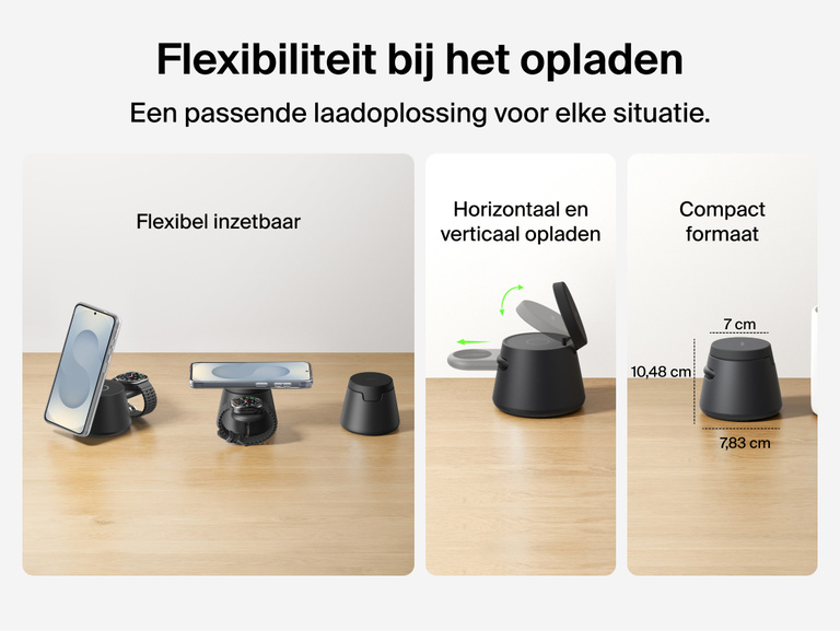 Afbeelding van het Belkin UltraCharge modulaire laadstation met Qi2 25W waarop flexibele draadloze laadmogelijkheden getoond worden, waaronder opladen met standaard of horizontaal, en waarop de compacte ruimtebesparende vormgeving wordt benadrukt waarmee het ideaal is voor dagelijks gebruik.