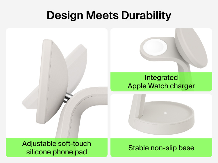 Belkin UltraCharge 3-in-1 Charging Stand with Qi2 25W features an adjustable soft-touch silicone phone pad, integrated Apple Watch charger, and stable non-slip base.
