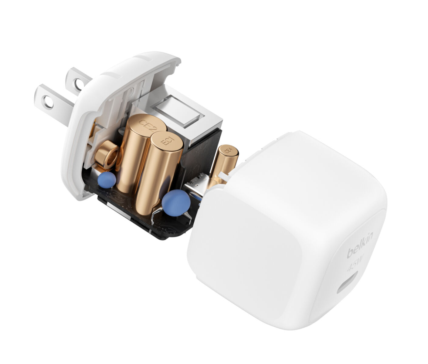 A Belkin BoostCharge Compact USB-C Wall Charger 45W is shown in a cutaway view, revealing its internal electronic components.