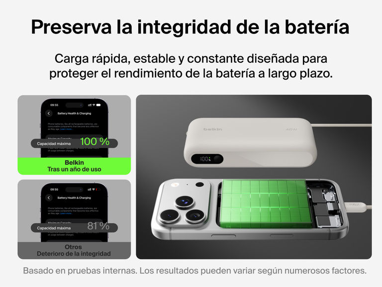 Belkin UltraCharge 20K 45W power bank with integrated cable designed for optimized charging that supports battery health and long-term device performance