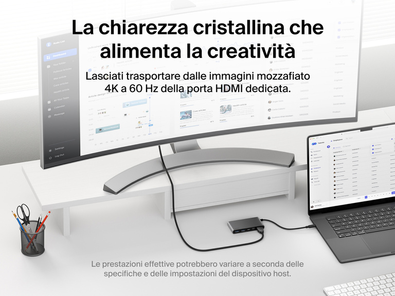 Belkin Connect 5-Port USB-C Hub with Dual USB-C Ports connects a laptop to a monitor, delivering stunning 4K@60Hz visuals via the dedicated HDMI port.