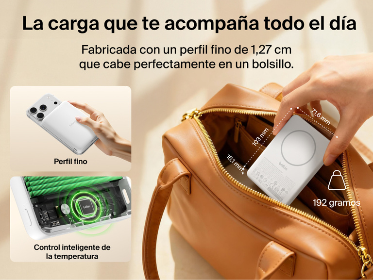 Belkin BoostCharge Slim Magnetic Power Bank 10K shown slipping easily into a bag with slim 0.5-inch profile, highlighting portable design and smart thermal control features