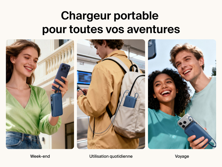 Belkin UltraCharge 20K 45W power bank with integrated cable used for travel and everyday carry, providing portable fast charging for smartphones on the go