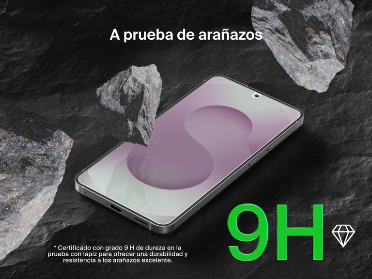 Imagen de marketing en la que se aprecia un móvil Samsung Galaxy S25 Edge con varias piedras alrededor. Se hace hincapié en el grado 9 H de resistencia a los arañazos del protector de pantalla ScreenForce InvisiGlass que ofrece al usuario una durabilidad extrema.