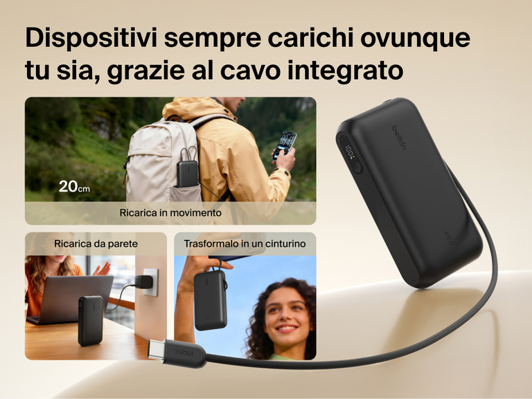Belkin UltraCharge 20K 45W power bank with integrated USB-C cable for on-the-go charging, easy recharging, and convenient carry strap functionality