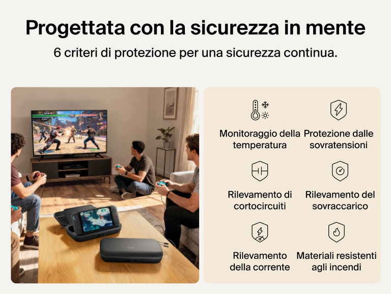 Belkin Gaming Charging Case Pro for Nintendo Switch 2 shown in a living room setup highlighting engineered safety features including temperature monitoring, overvoltage protection, overload detection, and fire-resistant materials.