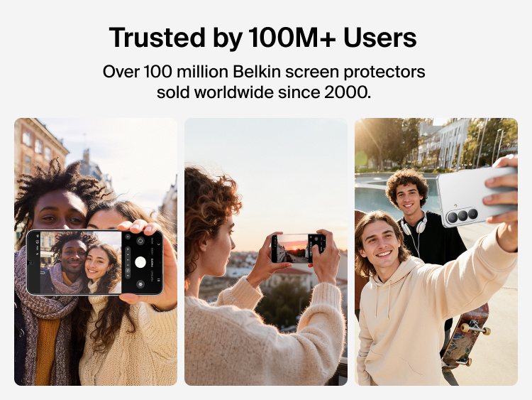 Belkin ScreenForce Titan EcoGuard Anti-Reflective Screen Protector for Samsung Galaxy S26 highlighted as trusted by over 100 million users worldwide, shown in everyday photo and video use scenarios.