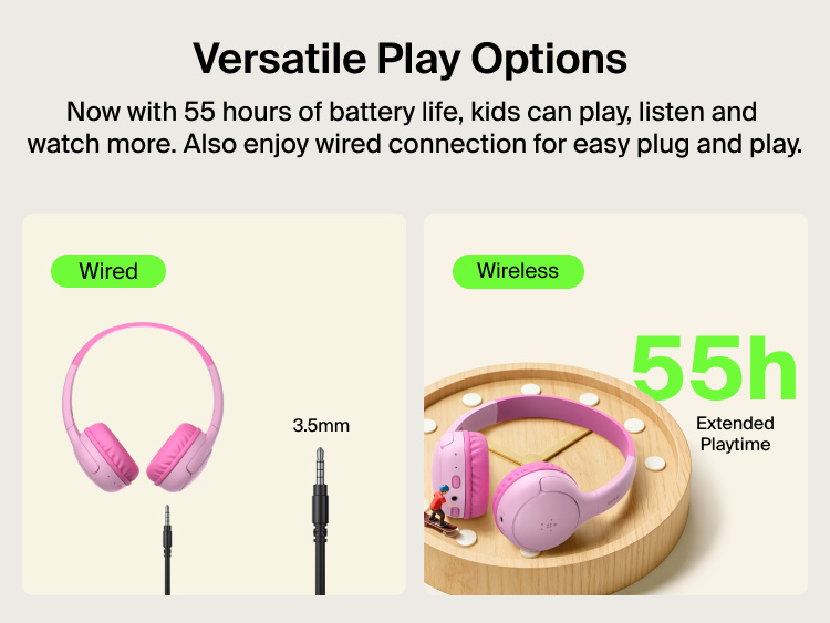 SoundForm Mini 2 Wireless On-Ear Headphones for Kids shown in two connection modes: wired with a 3.5mm audio cable, and wireless on a decorative wooden tray with a toy skateboarder, with 55h Extended Playtime callout