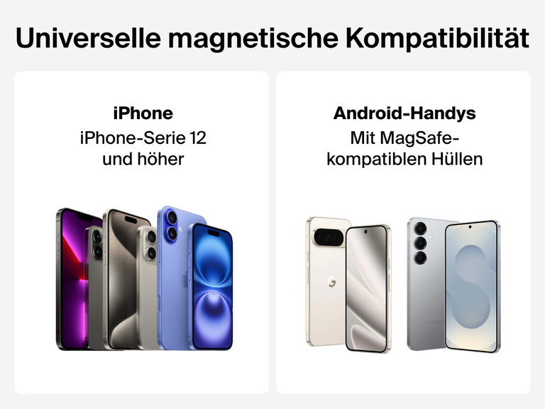 Belkin BoostCharge Magnetic Wireless Charging Car Vent and Dash Mount shown with universal magnetic compatibility for iPhone Series 12 and later and Android phones using magnetic wireless charging cases.