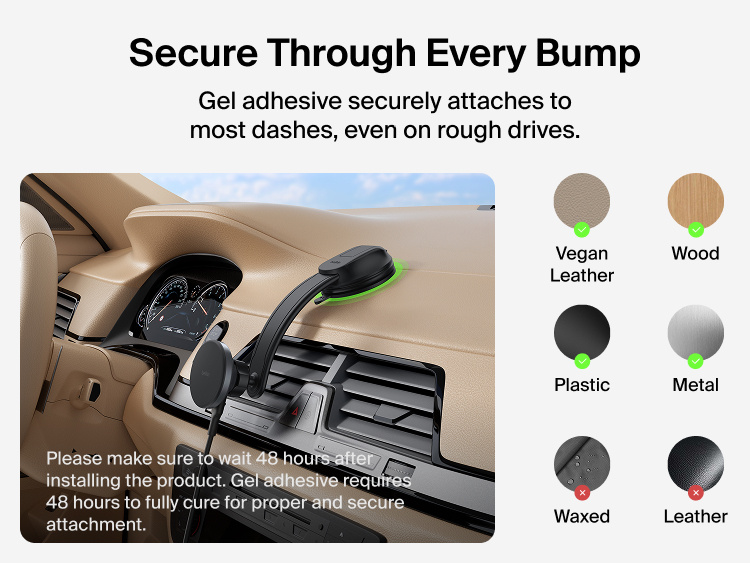 Belkin BoostCharge Magnetic Wireless Charging Car Vent Mount shown secured to a vehicle dashboard with gel adhesive designed for stable attachment across various surfaces.