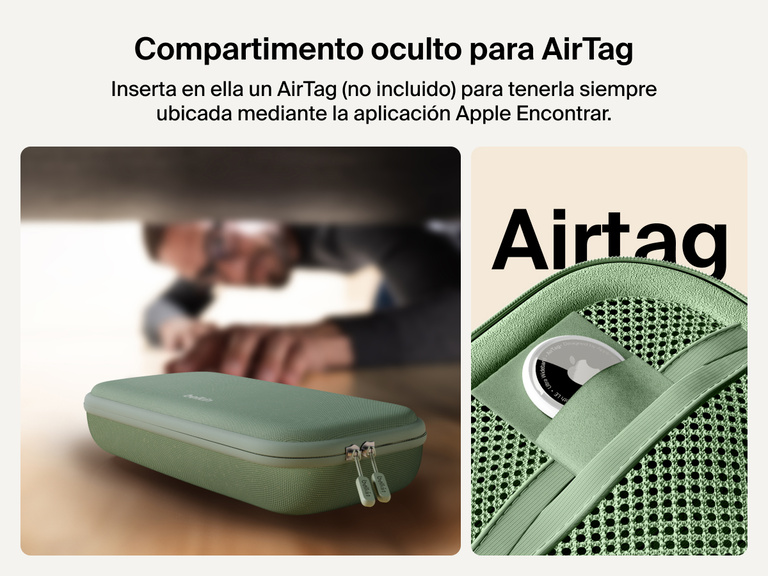 Belkin Gaming Charging Case for Nintendo Switch 2 shown with a hidden AirTag compartment, allowing easy tracking through Apple Find My (AirTag not included).