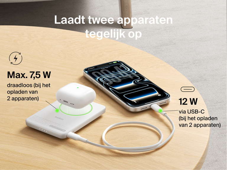 Belkin BoostCharge Slim Magnetic Power Bank 5K with Qi2 charging two devices simultaneously using magnetic wireless charging and USB-C wired output for shared power.