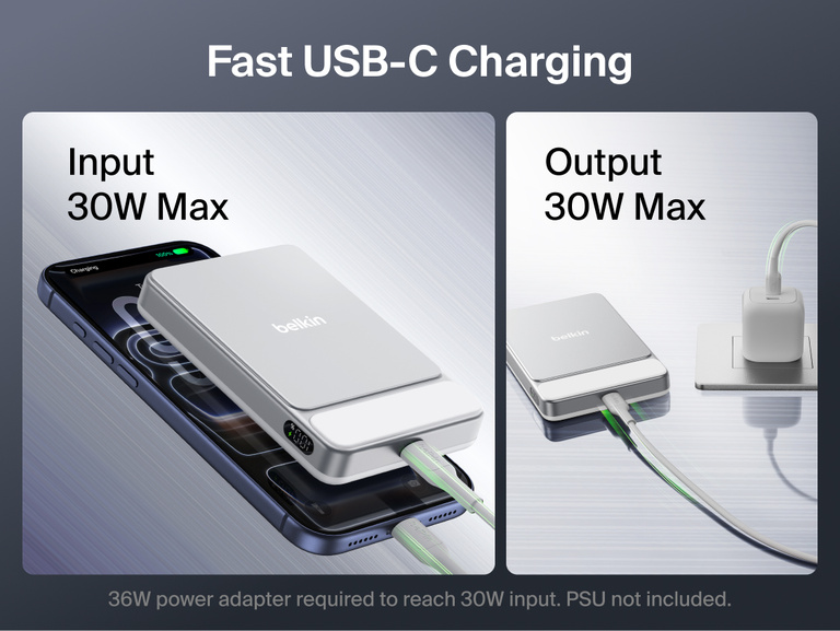 Belkin UltraCharge Slim Magnetic Power Bank 10K showcasing 10,000 mAh capacity, ultra-slim design, and compact size compared to standard portable chargers