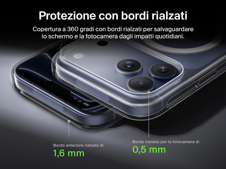 Belkin SheerForce Clear Series Case for iPhone 17 with elevated edge protection featuring 1.6mm front raised edge and 0.5mm camera raised edge for 360-degree coverage.