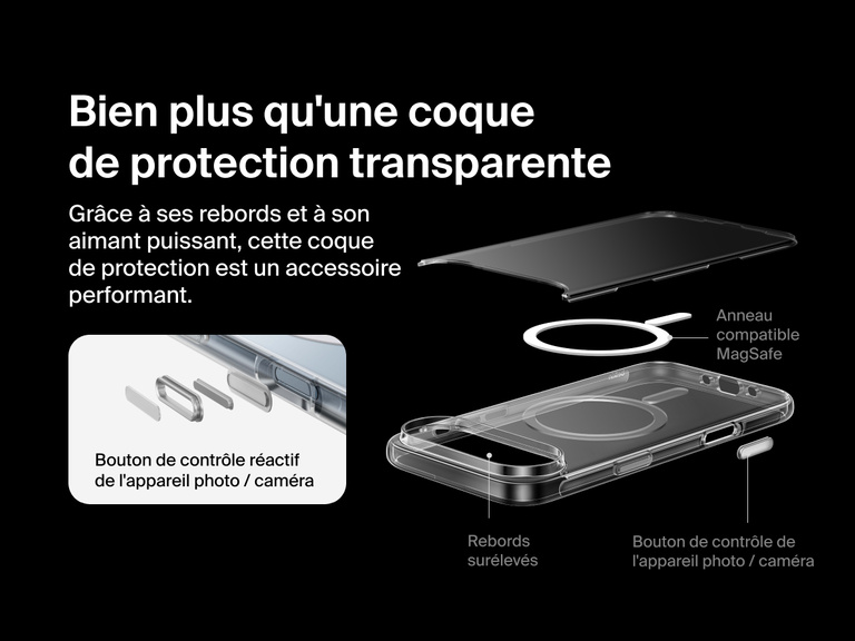 Belkin SheerForce Clear Series Case for iPhone 17 with raised edges, MagSafe-compatible ring, touch-sensitive camera button, and layered clear protection design.