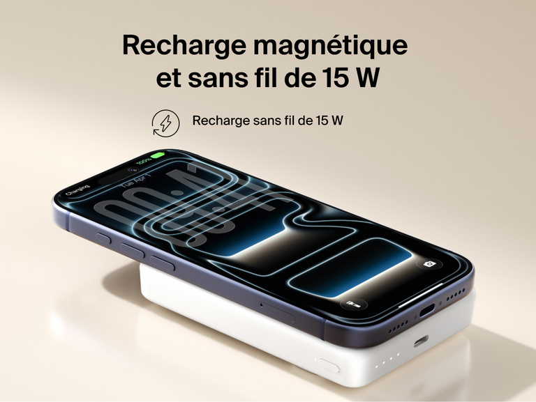 Slim Magnetic Power Bank 10K with Qi2 magnetically attached to smartphone demonstrating wireless charging capability