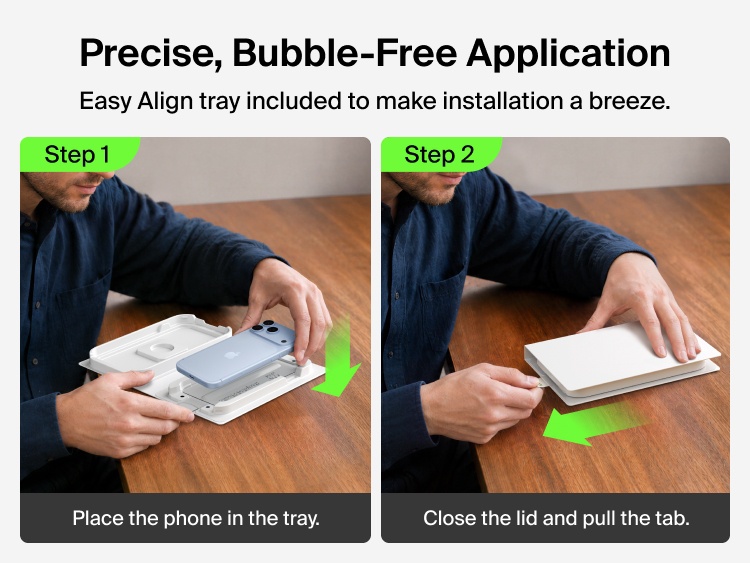 Belkin Titan SmartShield Anti-Reflective Screen Protector includes an Easy Align tray for precise, bubble-free installation by placing the phone in the tray, closing the lid and pulling the tab.