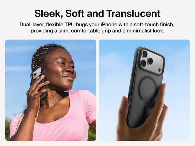 Belkin SheerForce Grip Series Case for iPhone 17 with slim translucent design and soft-touch finish for a comfortable grip.