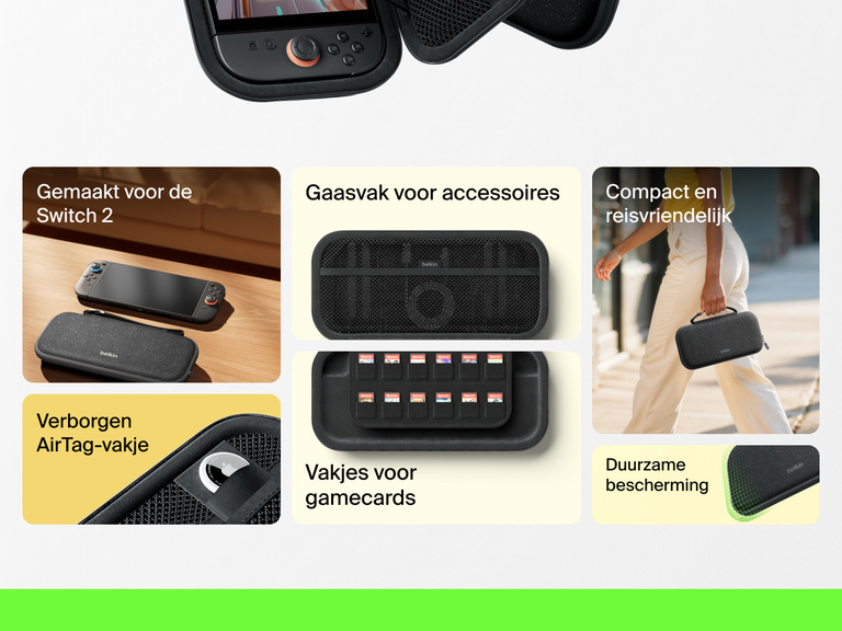 Informatieve afbeelding waarop de kenmerken van de Belkin Gaming opberghoes voor de Nintendo Switch 2 worden afgebeeld, waaronder het gaasvak voor accessoires, de gamecard-insteekvakjes, het verborgen AirTag-vakje en de compacte, duurzame vormgeving.
