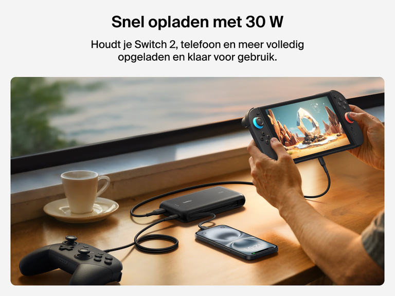 De Belkin Gaming 20.000mAh-powerbank levert 30 W aan snellaadvermogen voor de Nintendo Switch 2, smartphones en gamingaccessoires om mobiel te gamen zonder onderbrekingen.