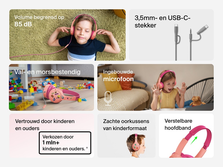 Collage of images highlighting key features of the Belkin Wired On-Ear Headphones for Kids, including an 85dB volume limit, USB-C and 3.5mm connection, built-in microphone, drop and spill resistance, plush kid-sized earcups, and adjustable headband.