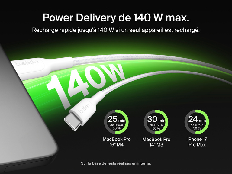 Image du c&acirc;ble &agrave; gaine tress&eacute;e Belkin BoostCharge&nbsp;Pro USB-C vers double USB-C prenant en charge une puissance de recharge de 140&nbsp;W max. sur un seul appareil, et notamment sur un ordinateur portable ou smartphone.