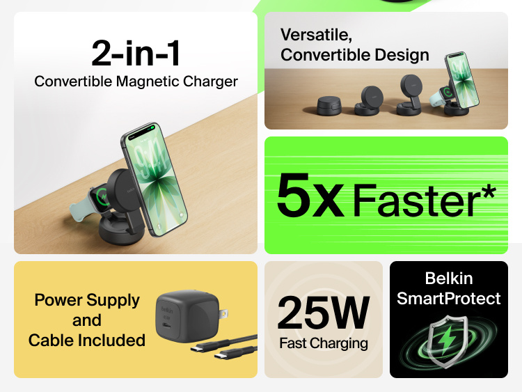 Belkin UltraCharge Pro 2-in-1 Convertible Magnetic Charger with Qi2 25W features a versatile convertible design, secure magnetic attachment, up to 5x faster wireless charging, and includes a power supply and cable.