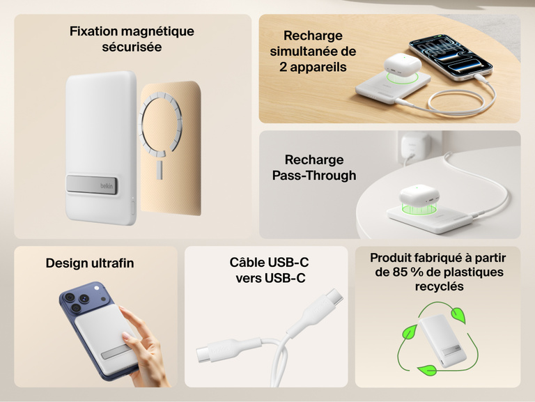 Belkin BoostCharge Slim Magnetic Power Bank 5K with Qi2 shown highlighting secure magnetic attachment, ultra-slim design, dual-device charging, USB-C connectivity, pass-through charging, and sustainability features.