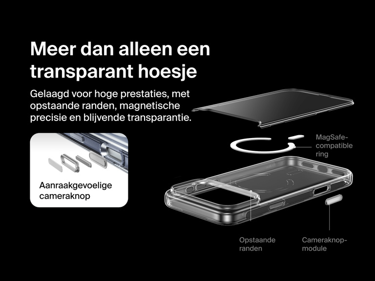 Belkin SheerForce Clear Series Case for iPhone 17 with raised edges, MagSafe-compatible ring, touch-sensitive camera button, and layered clear protection design.