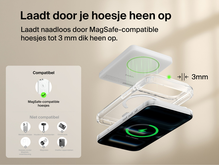 Belkin BoostCharge Slim Magnetic Power Bank 5K with Qi2 wirelessly charging a smartphone through a MagSafe-compatible case up to 3 mm thick for convenient everyday use.