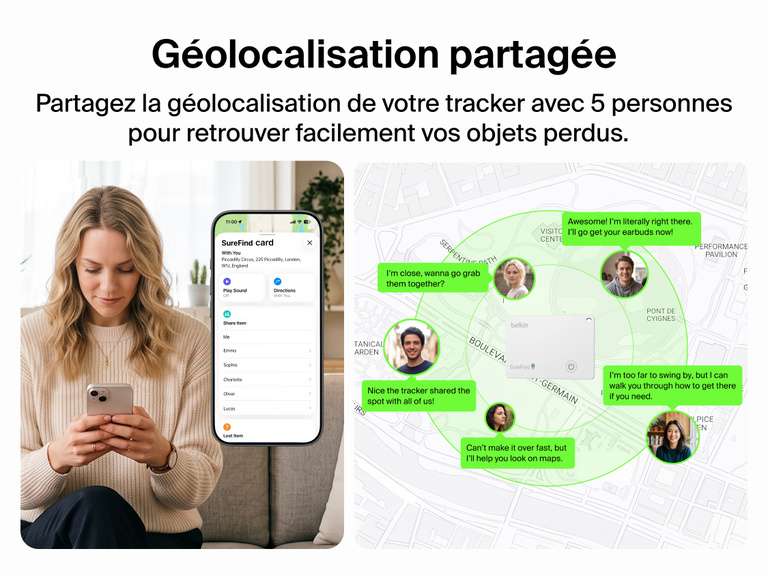 Image du mode partage de la carte Belkin&nbsp;SureFind qui permet &agrave; cinq amis ou membres de la famille de g&eacute;olocaliser un objet perdu en utilisant les cartes de g&eacute;olocalisation.