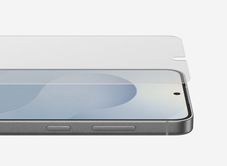Close-up side view of a smartphone with a screen protector aligned above the display, highlighting precise fit and edge coverage.