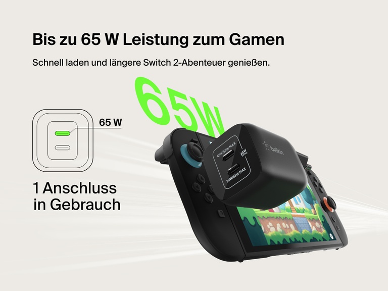 Das Belkin Gaming USB-C-Ladegerät (65 W) mit zwei Anschlüssen sorgt für eine schnelle Stromversorgung der Nintendo Switch 2 mit bis zu 65 W Ausgangsleistung über einen USB-C-Anschluss.