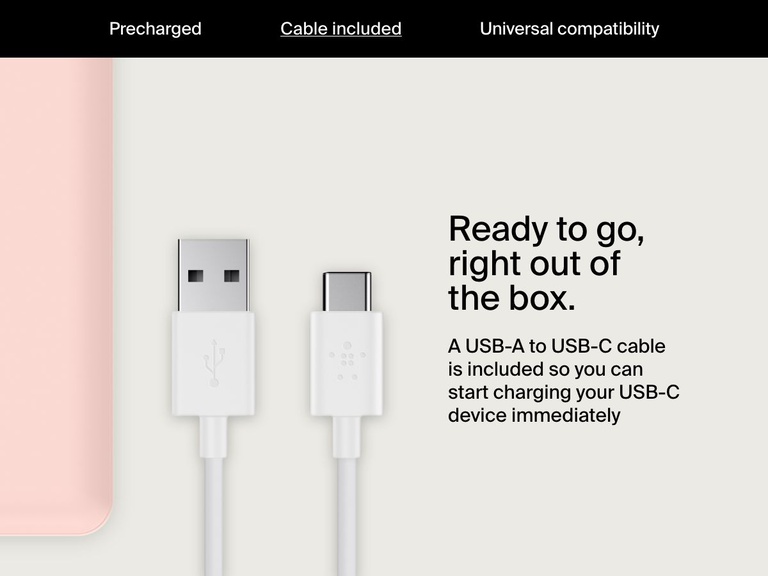 A USB-A to USB-C cable is shown next to a Belkin BoostCharge Power Bank 10K, emphasizing that the included cable allows immediate charging of USB-C devices out of the box.