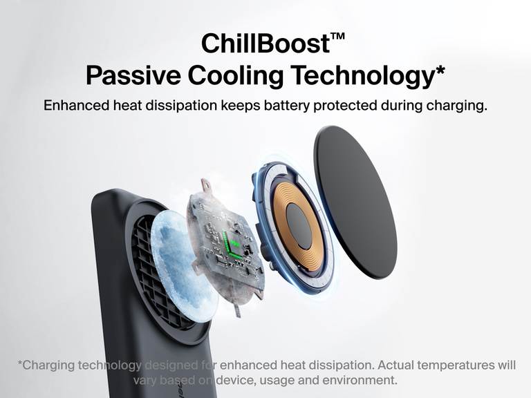Belkin UltraCharge 3-in-1 Foldable Magnetic Charger with Qi2 25W features ChillBoost™ passive cooling technology for enhanced heat dissipation and battery protection.