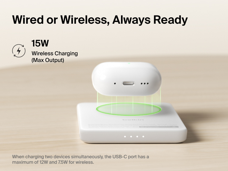 Belkin BoostCharge Slim Magnetic Power Bank 5K with Qi2 providing up to 15W magnetic wireless charging for compatible devices in a slim, portable power bank design.