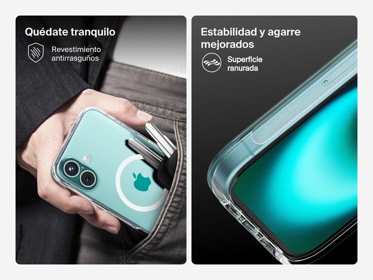 A dual-image showcase of the SheerForce™ Magnetic iPhone Case's key protective features. The left image highlights the anti-scratch coating, showing the case protecting an iPhone from keys in a pocket. The right image focuses on the enhanced stability and grip, featuring special textured grooves that improve handling and reduce the risk of slipping.