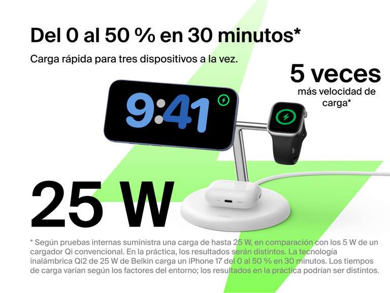 Belkin UltraCharge 3-in-1 Wireless Charging Stand with Qi2 25W charging iPhone, Apple Watch, and AirPods simultaneously on a compact vertical dock