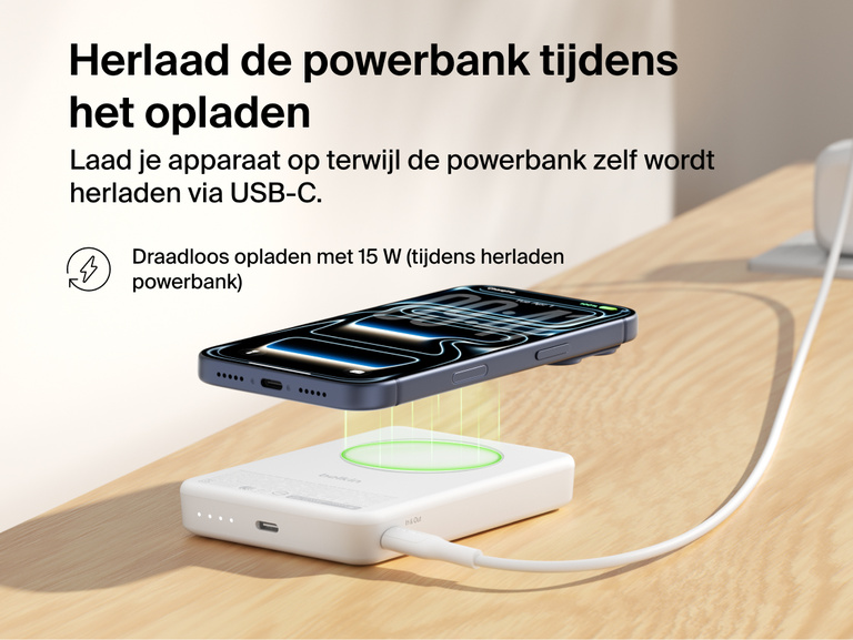 Slim Magnetic Power Bank 10K with Qi2 wirelessly charging smartphone while recharging via USB-C pass-through connection