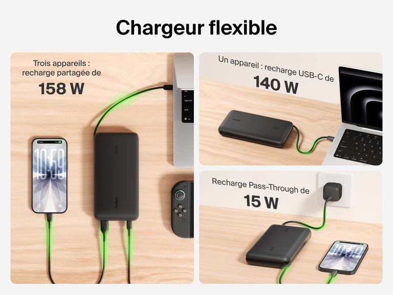 Belkin UltraCharge Pro Laptop Power Bank 25K demonstrating flexible charging with up to 158W shared output, 140W single-device USB-C charging, and pass-through charging capability