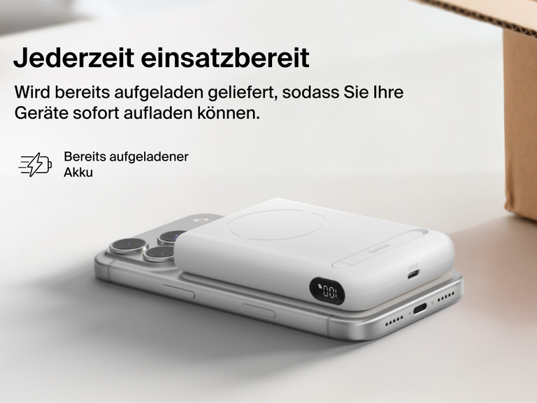 Belkin UltraCharge Pro Power Bank 10K with magnetic ring shown with SmartProtect safety features, illustrating internal components and protection against overcharging, overheating, overvoltage, and short circuits.