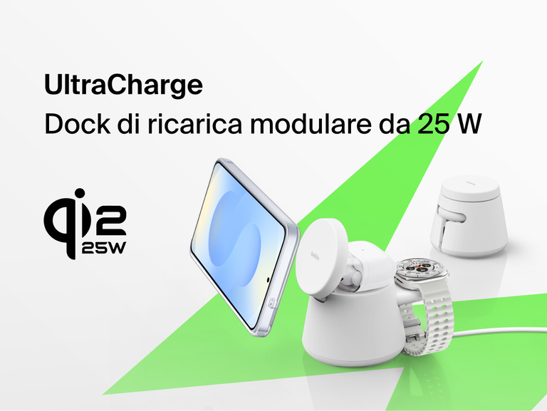 Il dock di ricarica modulare con Qi2 25W Belkin UltraCharge vanta un design all-in-one per offrire una ricarica wireless rapida per smartphone, smartwatch e auricolari compatibili.