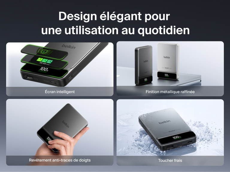 Image de la batterie externe Belkin&nbsp;UltraCharge&nbsp;Pro 10K avec BoostSolid&nbsp;Cell dot&eacute;e d'un affichage intelligent, d'une finition m&eacute;tallique &eacute;l&eacute;gante, d&rsquo;un rev&ecirc;tement r&eacute;sistant aux traces de doigts et d&rsquo;une conception agr&eacute;able au toucher.