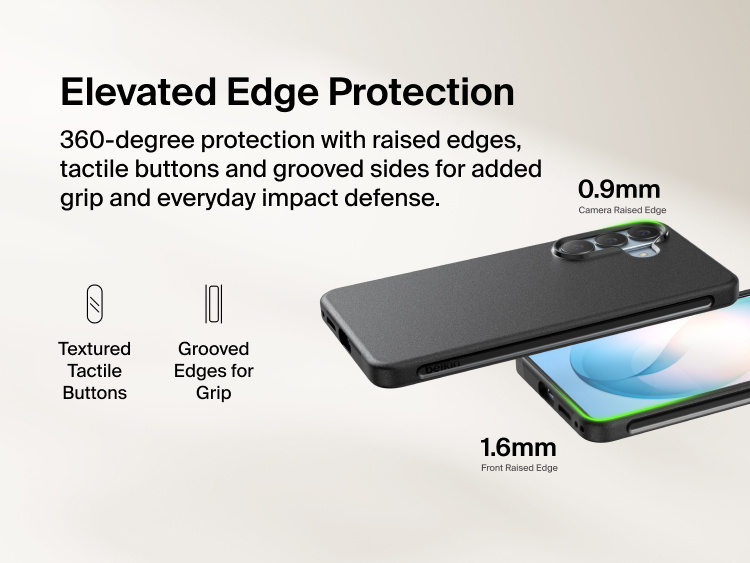 Belkin SheerForce Protect Series Case for Samsung Galaxy S26 featuring elevated edge protection with raised camera and screen edges, tactile buttons, and grooved sides for enhanced grip and everyday impact defense.