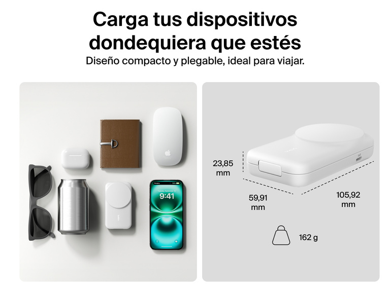 Se muestra el diseño compacto y portátil del cargador magnético plegable 2 en 1 con Qi2 25W Belkin UltraCharge. Pesa tan solo 162 gramos y sus dimensiones son ideales para cargar dispositivos sobre la marcha en cualquier parte. 