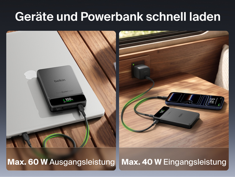 Belkin UltraCharge Pro Powerbank 10K mit BoostSolid-Zelle liefert bis zu 60 W Ausgangsleistung zum Laden eines Laptops und unterst&uuml;tzt eine Eingangsleistung von bis zu 40 W f&uuml;r schnelles Wiederaufladen.