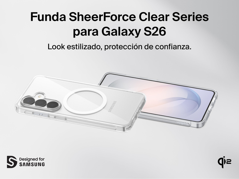 Belkin SheerForce Clear Series Case for Samsung Galaxy S26 shown on phone, featuring a slim, protective clear design with raised edges, precise cutouts, and Qi2 wireless charging compatibility.